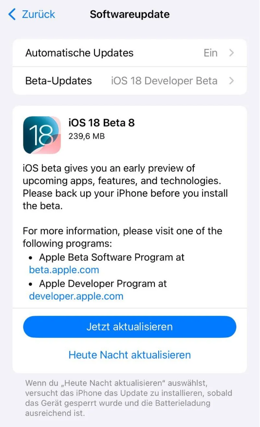 灵山苹果手机维修分享苹果 iOS / iPadOS 18 开发者预览版 Beta 8 发布 
